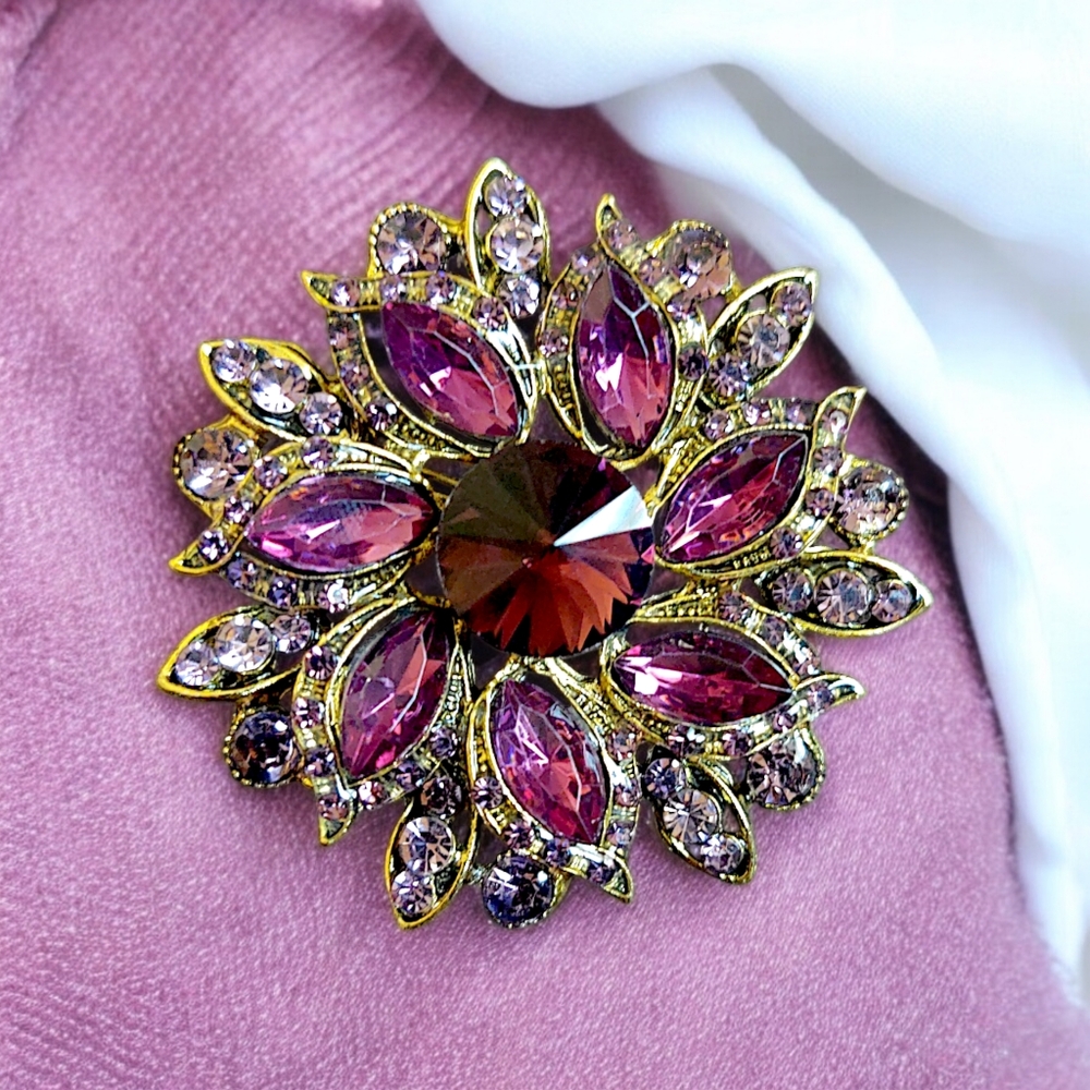 Elegant Gold-Tone Pink Crystal Floral Brooch